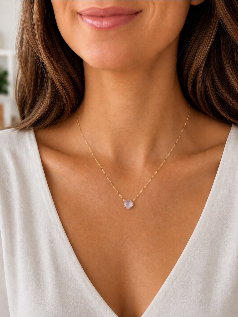 Light amethyst pendant necklace with gold filled chain, 18 inches